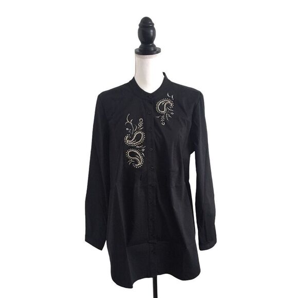 Susan Graver Black Button Down Top Silver Rhinestone Embellished Women’s Medium - Picture 1 of 6
